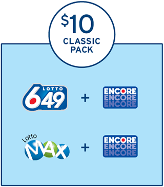 在一个浅蓝色的方框上方，有一个圆圈，圈内有三行字，分别显示着“$10”，“CLASSIC”，及“PACK”。在浅蓝色的方框内，有两行内容，分别显示着“LOTTO 649的标识 + ENCORE的标识”及“LOTTO MAX的标识 + ENCORE的标识”。