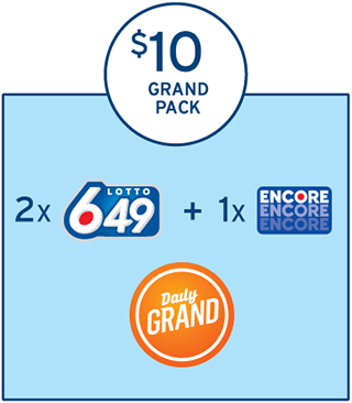 在一个浅蓝色的方框上方，有一个圆圈，圈内有三行字，分别显示着“$10”，“GRAND”及“PACK”。在浅蓝色的方框内，有两行内容，分别显示着“2 x LOTTO 649的标识 + 1 x ENCORE的标识”及“Daily GRAND的标识”。