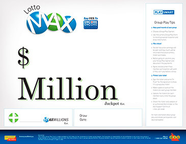 圖片左上方有LOTTO MAX的標識，其旁邊是ENCORE的標識。圖片中部寫著一個$符號，下面寫著「Million Jackpot」。在其下方有兩個方框，需要填寫相關内容。圖片的右側有一個長方形的框，裡邊寫著「Group Play Tips」的相關內容。圖片最下方是OLG品牌的相關內容。