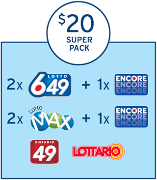 在一個淺藍色的方框上方，有一個圓圈，圈內有三行字，分別顯示著「$20」，「SUPER」及「PACK」。在淺藍色的方框內有三行內容，分別顯示著「2 x LOTTO 649的標識+ 1 x ENCORE的標識」、「2 x LOTTO MAX的標識+ 1 x ENCORE的標識」、ONTARIO 49 的標識和LOTTARIO的標識。